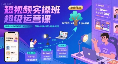 短视频实操班超级运营课，新手小白到短视频大神必修课程，剪辑-拍摄-运营-直播-变现-小白网创