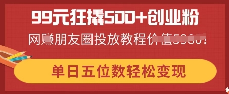 99元狂撬500+创业粉，单日五位数轻松变现，网创朋友圈投放教程-小白网创