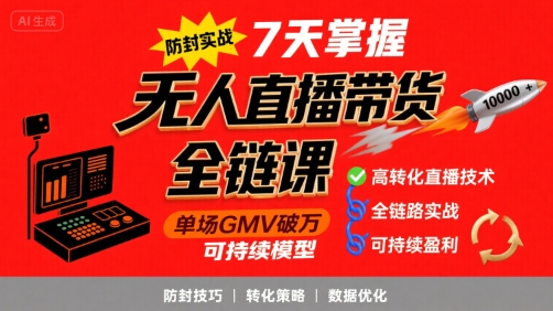 无人直播带货全链防封实战课，7天掌握高转化直播技术，实现单场GMV破万可持续模型-小白网创
