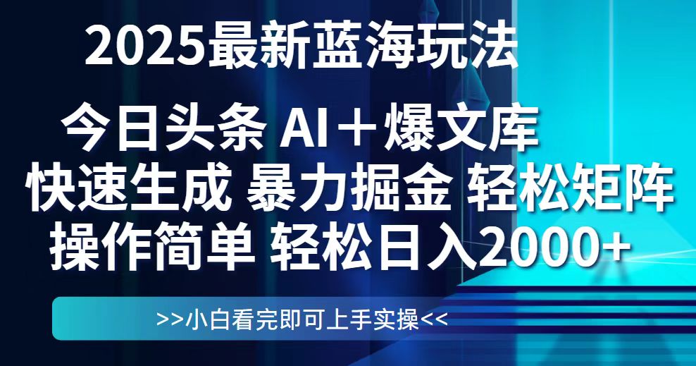 （14805期）今日头条2025最新蓝海玩法，思路简单，复制粘贴，轻松实现矩阵日入2000+-小白网创