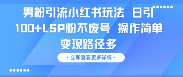 男粉引流小红书玩法，日引100+LSP粉不废号，操作简单，变现路径多-小白网创