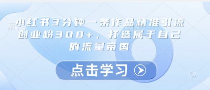 小红书3分钟一条作品精准引流创业粉300+，打造属于自己的流量帝国-小白网创