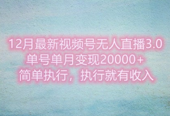 12月最新视频号无人直播3.0，单号单月变现过w，简单执行，执行就有收入-小白网创