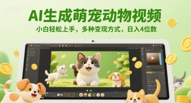 AI生成萌宠动物视频，小白轻松上手，多种变现方式，日入4位数-小白网创