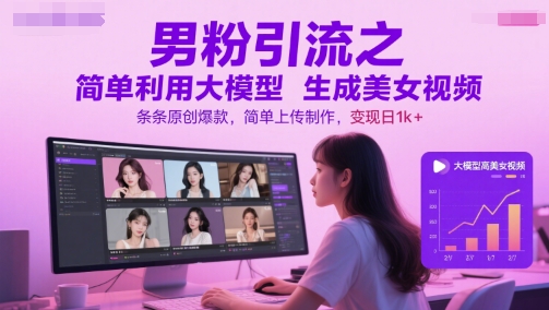 男粉引流之简单利用大模型生成美女视频，条条原创爆款，简单上传制作，变现日1k+-小白网创