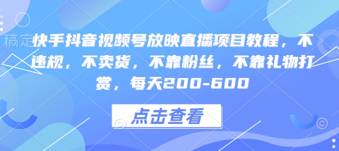 快手抖音视频号放映直播项目教程，不违规，不卖货，不靠粉丝，不靠礼物打赏，每天200-600-小白网创