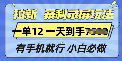 拉新暴利录屏玩法，一单12块，有手机就行，小白必做-小白网创