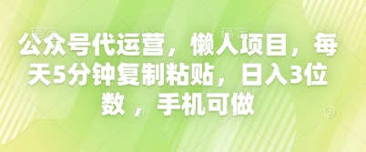 公众号代运营，懒人项目，每天5分钟复制粘贴，日入3位数 ，手机可做-小白网创