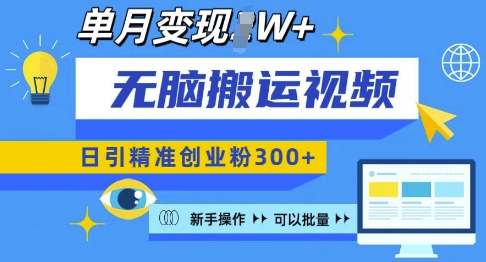 无脑搬运视频号可批量复制，新手即可操作，日引精准创业粉300+，月变现过W 【揭秘】-小白网创