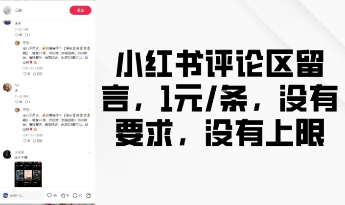 小红书评论区留言，1元条，没有要求，没有上限-小白网创