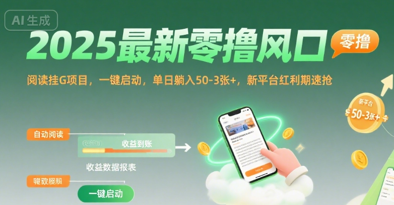 2025最新零撸风口，阅读挂G项目，一键启动，单日躺入 50-3张+，新平台红利期速抢【揭秘】-小白网创