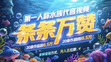 第一人称水族代言视频，条条万赞，20条作品涨粉7.8W，多种变现方式月入五位数-小白网创