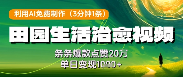 利用AI免费制作田园生活治愈视频，条条爆款点赞20W，单日变现几张-小白网创