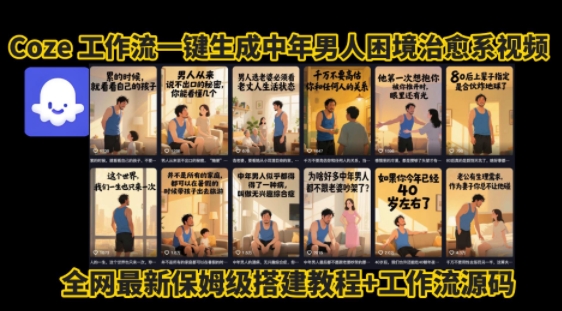 coze工作流一键生成”中年男人困境扎心高涨粉高播放量图文视频”保姆级拆解教程，无需剪辑，无需拍摄写文案-小白网创
