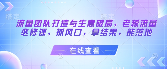 流量团队打造与生意破局，老板流量必修课，抓风口，拿结果，能落地-小白网创