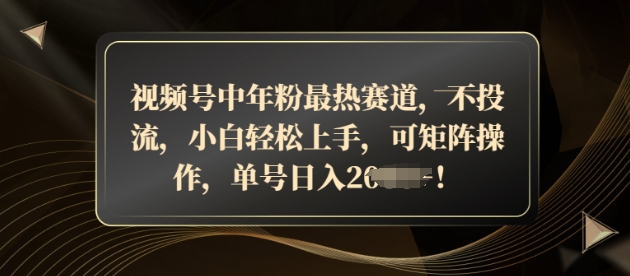 视频号中年粉最热赛道，不投流，小白轻松上手，可矩阵操作-小白网创