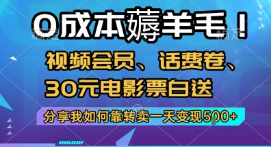 0成本薅羊毛!视频会员、话费卷、30元电影票白送，分享我如何靠转卖一天变现5张+【揭秘】-小白网创