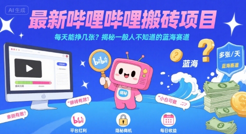 最新哔哩哔哩上B站搬砖项目，每天能挣几张？揭秘一般人不知道的蓝海赛道-小白网创