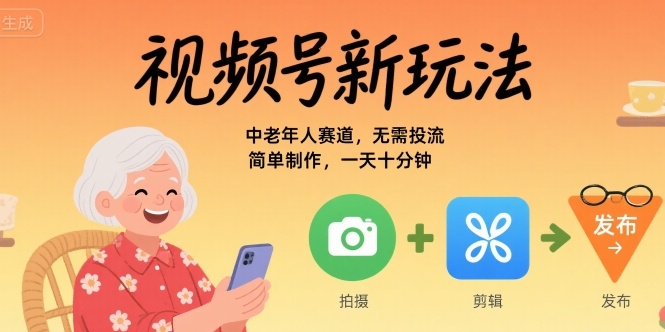视频号新玩法，中老年人赛道，无需投流，简单制作，一天十分钟，月入1W-小白网创