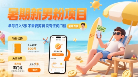 暑期新男粉项目 单号日入5张 不需要剪辑  没有任何门槛-小白网创