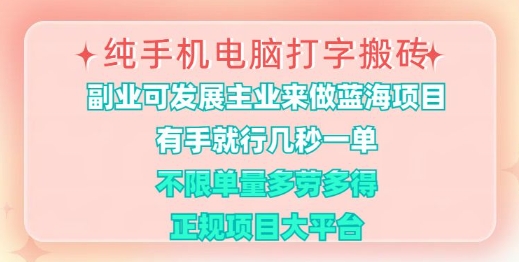 纯手机电脑打字搬砖，有手就行，几秒一单，多劳多得，正规项目大平台【揭秘】-小白网创