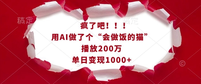 疯了吧！用AI做了个“会做饭的猫”，播放200万，单日变现1k-小白网创