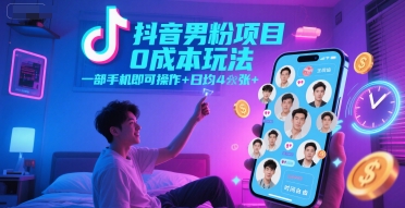抖音男粉项目0成本玩法，一部手机即可操作，日均4张+，时间自由-小白网创