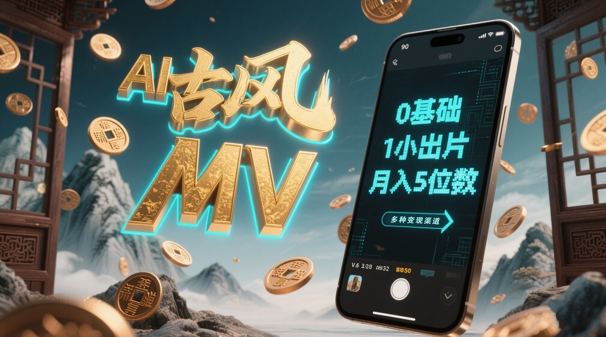 AI一键生成古风音乐MV，0剪辑基础1小时出片，多种变现渠道，一部手机月入5位数-小白网创