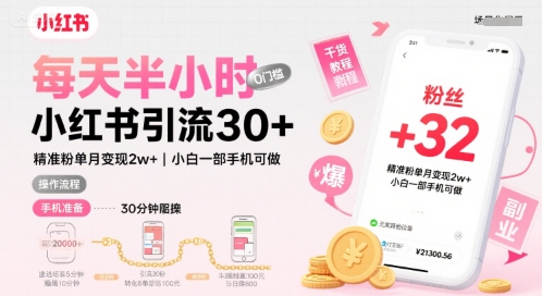每天半小时小红书引流30+，精准粉单月变现2w+，小白新手一部手机可做，今天5分钟硬核实操-小白网创