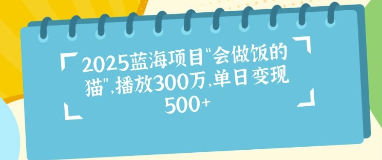 2025蓝海项目“会做饭的猫”，播放300万，单日变现多张-小白网创