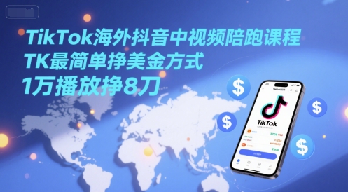 TikTok海外抖音中视频陪跑课程，TK最简单挣美金方式，1万播放挣8刀-小白网创