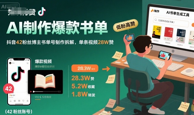 AI制作爆款书单，抖音42粉丝博主书单号制作拆解，单条视频28W赞-小白网创
